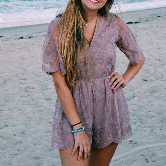 Altar’d State Floral Lace Mauve Romper - Picture 1 of 6